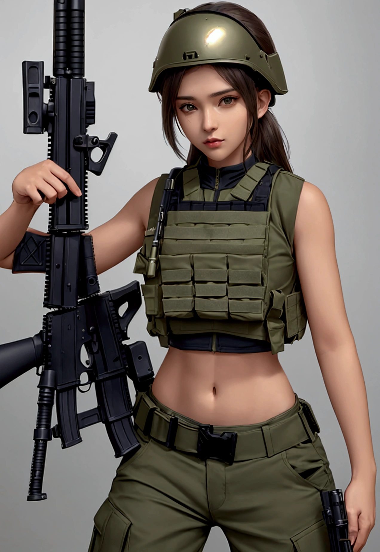 Women in crop top military bulletproof vest , military green cargo pants, belt, military helmet, tactical, (open navel), ((holding assault rifle))