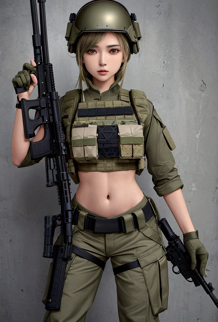 Women in crop top military bulletproof vest , military green cargo pants, belt, military helmet, tactical, (open navel), ((holding assault rifle))