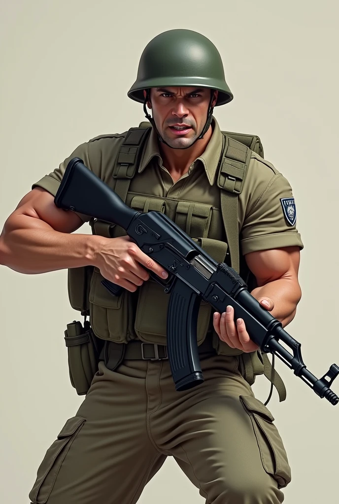 Make image of an qarmy boy with open mouth littel agressive face fair skin wearing helmet age 25 holding gun in his HAND STANDING STRAIT ak 47