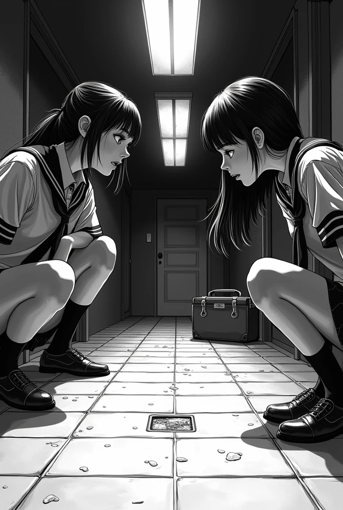 Comic like sketch of three school girl wearing uniform and staring at one tile of the floor at night in the school corridor and beside them there is a tool box and black and white colour and girls are different   they are at ground of the school and it is evenig


