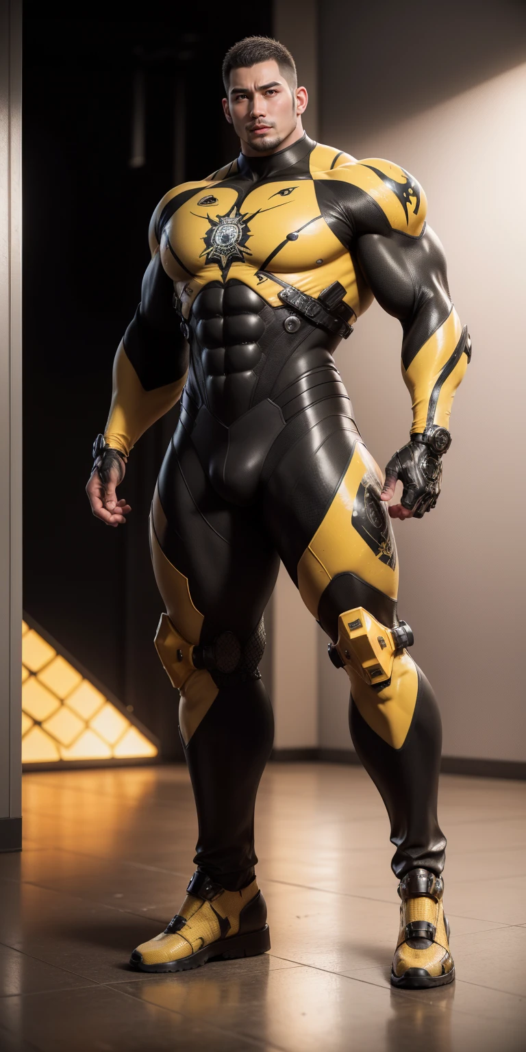 Tall giant muscular police officer，Yellow and black camouflage patterned nano mecha，Honeycomb pattern，Lightweight texture，Character Concept（Resident Evil - Chris Redfield，Chris Redfield）senior police officer，Small grid texture，Regular symmetrical texture pattern，Sad expression，Deep and charming eyes，Standing in a bright mechanical laboratory，Emerald Eyes Hero，Heroic male pose，高大Burly，muscular！Attractive leg muscles，High target, Burly, Heqiang，  Super Buff and Coolness， High Resolution Committee， Bigfoot yellow-gray ultra-thin nano-mechanical boots，Charismatic strongman，The bright sunshine shines on you，Matte particles，Shiny texture