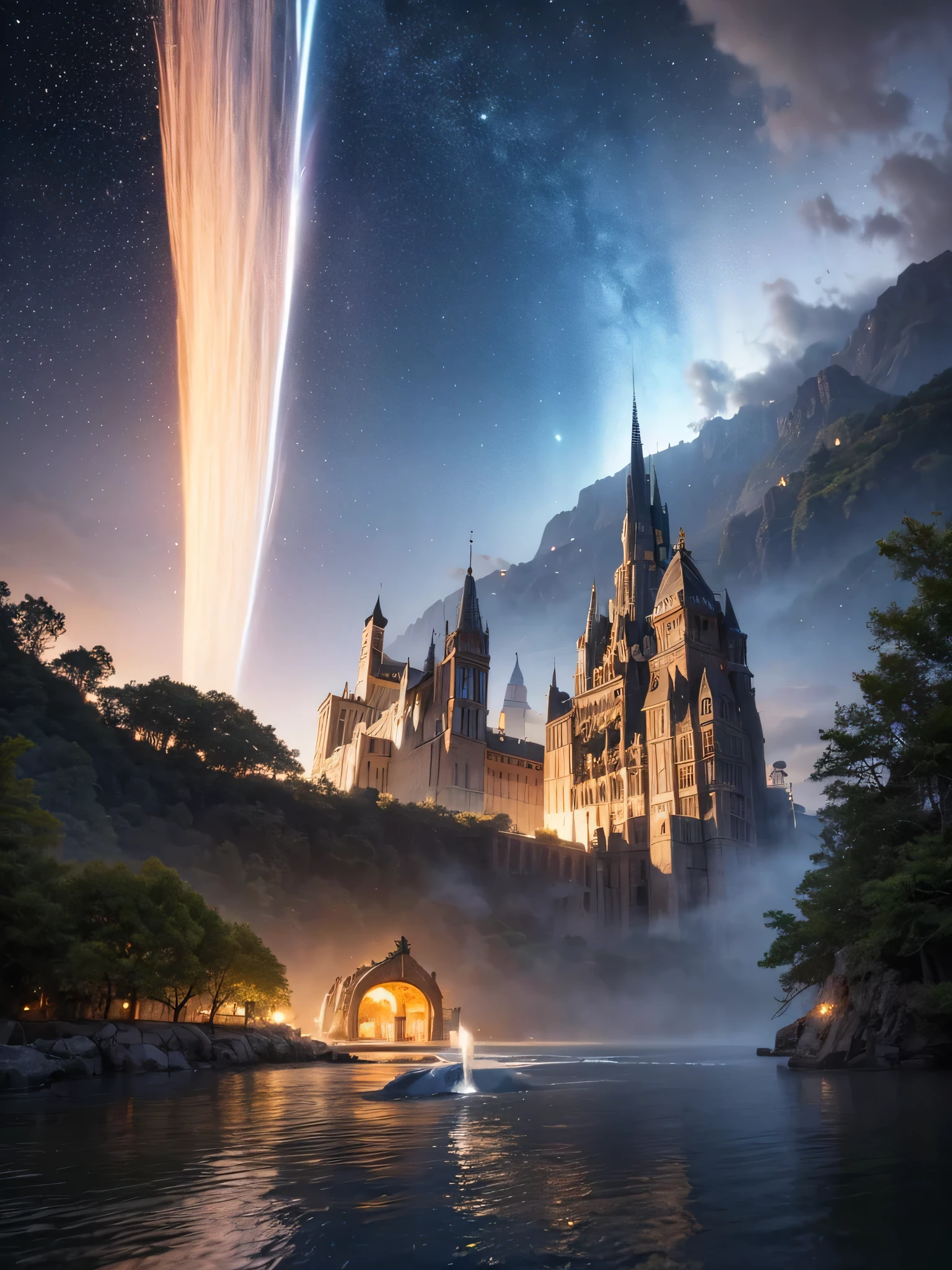 (8k, highest quality, masterpiece, final fantasy style: 1.2), (unRealistic, photoRealistic: 1.37), Dreamy landscape, Fantasy, Unsurreal landscapes, Super detailed, Flying Castle, Floating Island in the Sky, Seven-colored swirl of light, Intense lightning, milky way, Complex Light, Colored light, Large Lake, Starry sky reflected on the lake surface, Countless shining stars, Meteors, Reflections , (A pillar of light emanated from the ground:1,2), roses and orchids gardens , sunset, pink clouds, waterfalls in the sky, realistic style, Hyperrealism drawing, a flying pirate spaceship floating at the clouds level, burning skyscrapers, cyborgs, timeless realms, stunning princess , floating hair, pink lipstick, cute, naked shoulders , casting spell, healing light magic effect, in a magical lagoon of the fairyland, crystal clear water surface reflections, sharp focus, looking at viewer, (close-up:0.9), (bright white theme:1.2), (bright white tone:1.2), (deep blue tone:1.3), realistic, Hyperrealism,