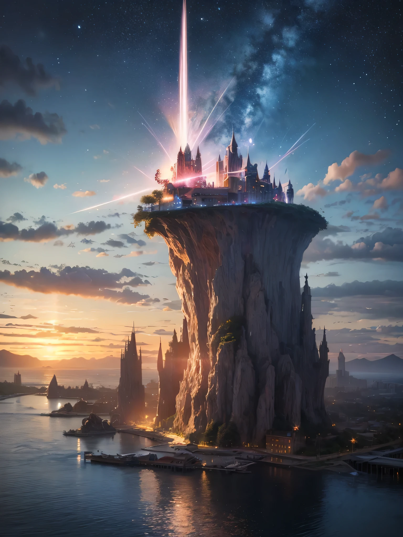(8k, highest quality, masterpiece, final fantasy style: 1.2), (unRealistic, photoRealistic: 1.37), Dreamy landscape, Fantasy, Unsurreal landscapes, Super detailed, Flying Castle, Floating Island in the Sky, Seven-colored swirl of light, Intense lightning, milky way, Complex Light, Colored light, Large Lake, Starry sky reflected on the lake surface, Countless shining stars, Meteors, Reflections , (A pillar of light emanated from the ground:1,2), roses and orchids gardens , sunset, pink clouds, waterfalls in the sky, realistic style, Hyperrealism drawing, a flying pirate spaceship floating at the clouds level, burning skyscrapers, cyborgs, timeless realms, stunning princess , floating hair, pink lipstick, cute, naked shoulders , casting spell, healing light magic effect, in a magical lagoon of the fairyland, crystal clear water surface reflections, sharp focus, looking at viewer, (close-up:0.9), (bright white theme:1.2), (bright white tone:1.2), (deep blue tone:1.3), realistic, Hyperrealism,