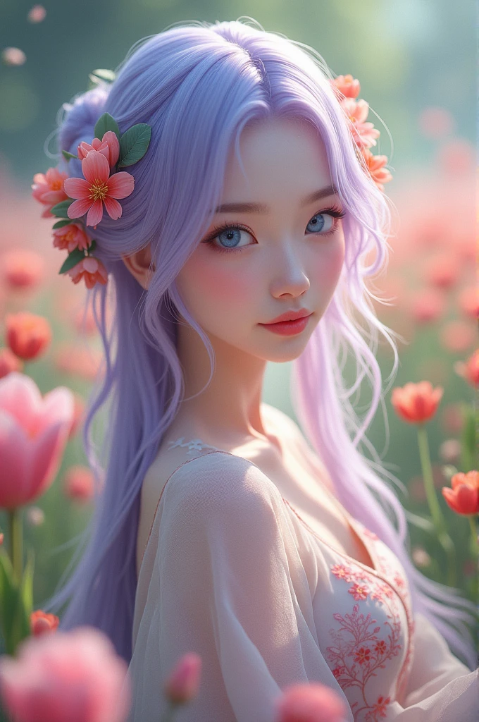 Light purple hair　blue eyes　White beauty　Long Hair　China dress　Flowers on head　Flower Field
