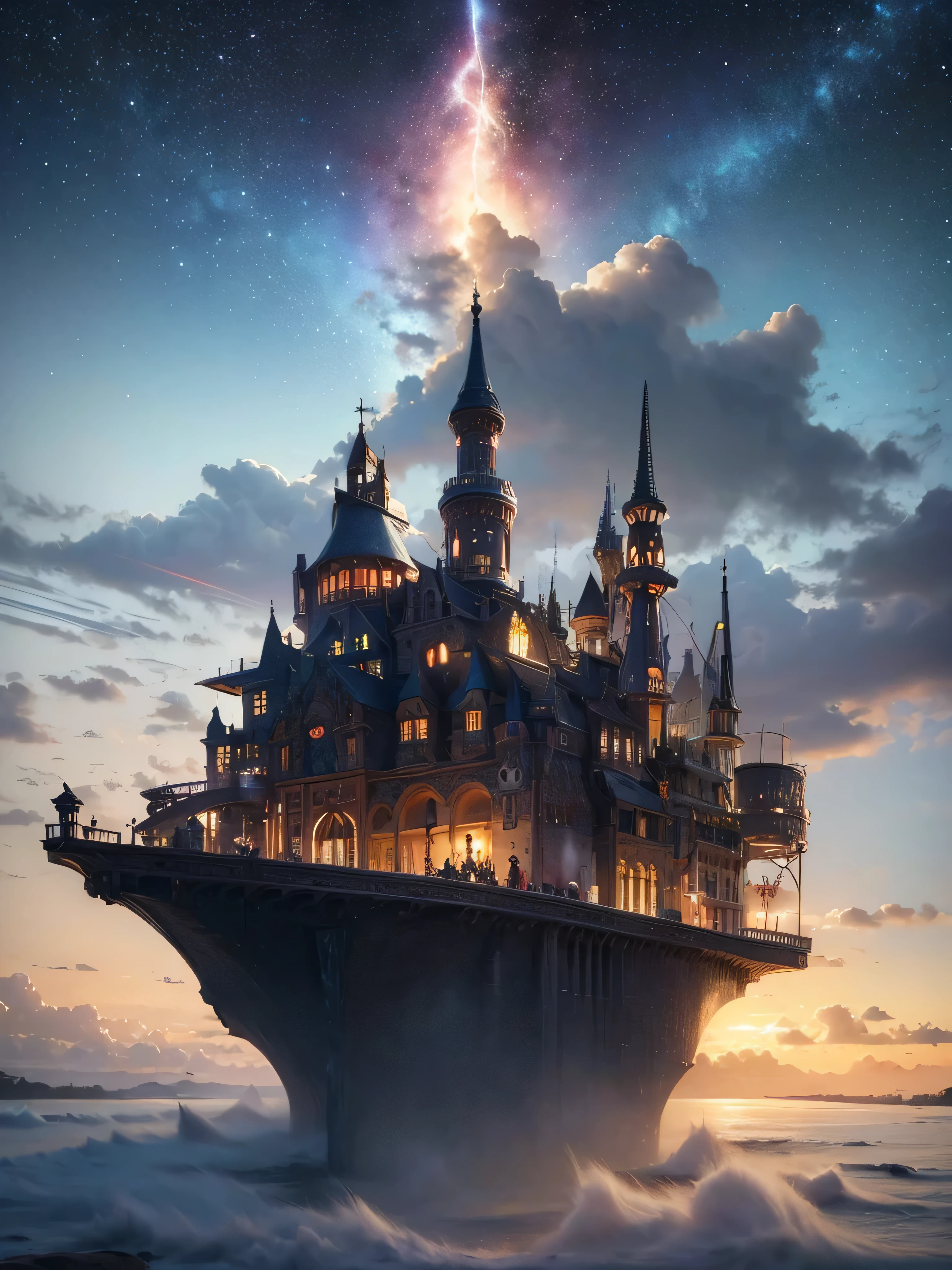 (8k, highest quality, masterpiece, final fantasy style: 1.2), (unRealistic, photoRealistic: 1.37), Dreamy landscape, Fantasy, Unsurreal landscapes, Super detailed, Flying Castle, Floating Island in the Sky, Seven-colored swirl of light, Intense lightning, milky way, Complex Light, Colored light, Large Lake, Starry sky reflected on the lake surface, Countless shining stars, Meteors, Reflections , (A pillar of light emanated from the ground:1,2), roses and orchids gardens , sunset, pink clouds, waterfalls in the sky, realistic style, Hyperrealism drawing, a flying pirate spaceship floating at the clouds level, burning skyscrapers, cyborgs, timeless realms, stunning princess , floating hair, pink lipstick, cute, naked shoulders , casting spell, healing light magic effect, in a magical lagoon of the fairyland, crystal clear water surface reflections, sharp focus, looking at viewer, (close-up:0.9), (bright white theme:1.2), (bright white tone:1.2), (deep blue tone:1.3), realistic, Hyperrealism,