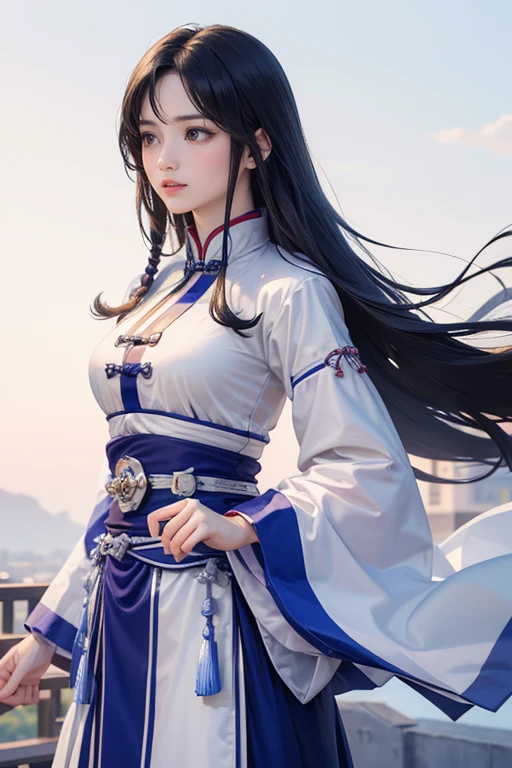 (Highest quality、 8k 、masterpiece、High resolution)、(Chinese Drama、Changgexing、Li Changge、Dililaba)、Tang Dynasty、Changan、1 Female、Beautiful young person、blue eyes、Pretty lips、Light colored long hair、古いChanganの街並み、Official Art、Detailed CG、