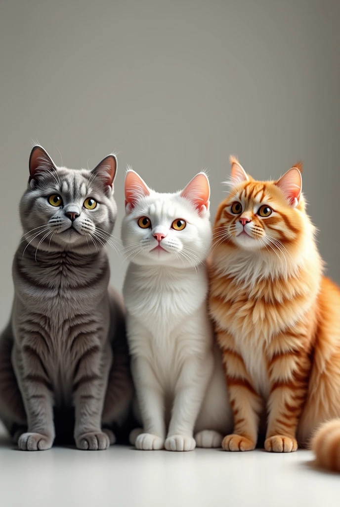A grey British cat, a white british cat , an orange persian cat together