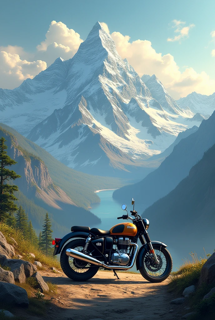 Mountain view with royal enfield 
