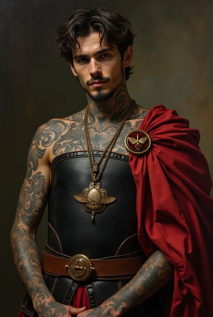 {{Masterpiece, best quality, oil painting, by Franz von Stuck, by James Tissot, male focus, muted colors}}, the composition is: (((((very dramatic half body portrait of a handsome 30 year old battlemage, gay, brown skin, tan, confident, magnificent, tattooed, disheveled brown hair. Tattoos, His face is tattooed))))). ((((He is wearing a silken, black and red ancient Roman guard armor with ronin inspired elements, made of alligator leather and tortoise shell, he is wearing a red diamond shape pendant, and a golden moth badge)))).
