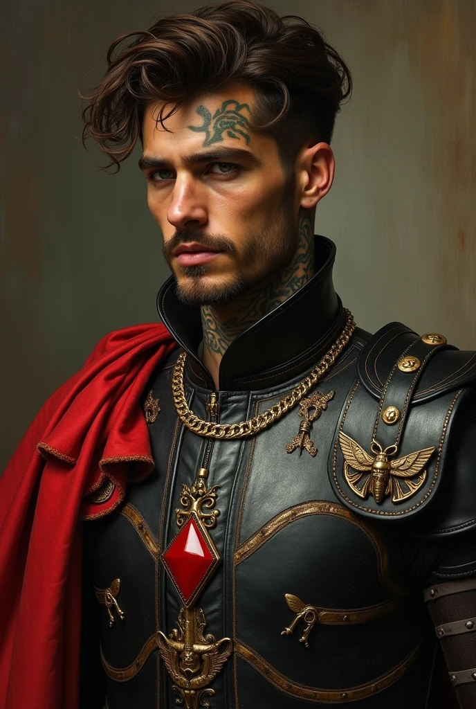 {{Masterpiece, best quality, oil painting, by Franz von Stuck, by James Tissot, male focus, muted colors}}, the composition is: (((((very dramatic half body portrait of a handsome 30 year old battlemage, gay, brown skin, tan, confident, magnificent, tattooed, disheveled brown hair. Tattoos, His face is tattooed))))). ((((He is wearing a silken, black and red ancient Roman guard armor with ronin inspired elements, made of alligator leather and tortoise shell, he is wearing a red diamond shape pendant, and a golden moth badge)))).