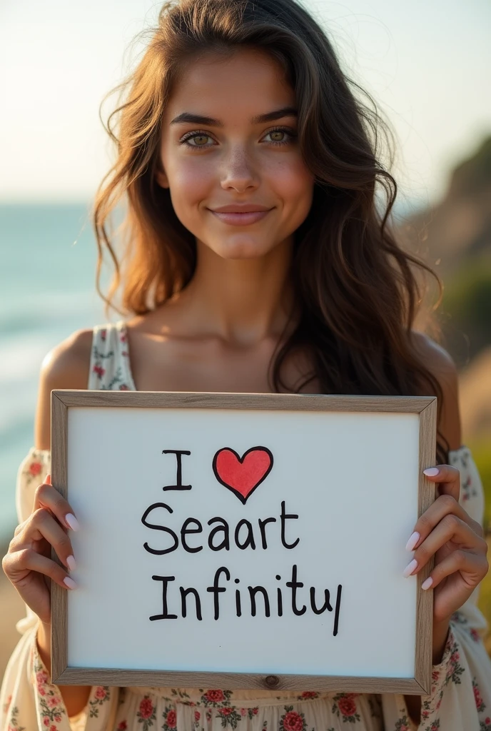 Beautiful girl with wavy long hair, bohemian dress, holding a white board with text "I Love Seaart Infinity" and showing it to the viewer