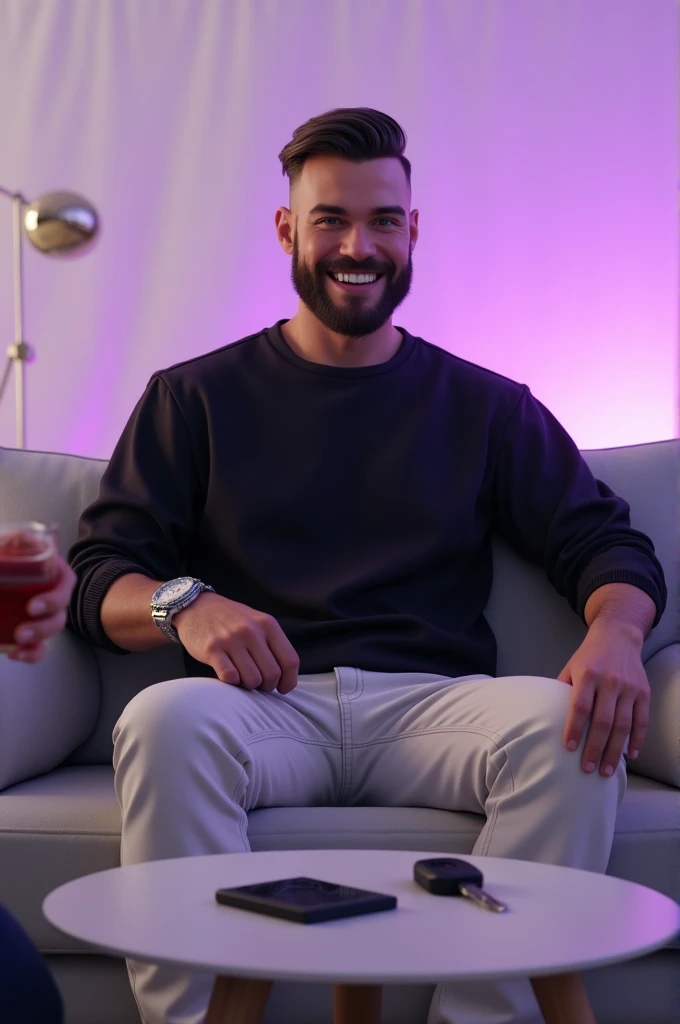 One man is sitting on sofa in authentic style and his hair are army cut and he is wearing black sweatshirt and white geans and black shoes he is wearing watch in left hand and watch is in silver colour and he is smiling and backside white or light purple mix colour is there and he is drinking juice and one man come and give him marsedes car key he kept on table and go