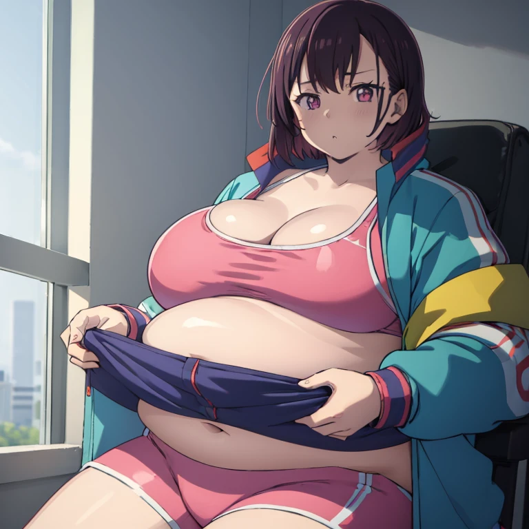 (((Masutepiece))), Crescent Shizuka mikazuki, 1girl in, big fat body, only, Looking at viewer, short hair, brown hair, pink eyes, long sleeves, cleavage, medium breasts, medium waist, medium hips, wide thighs, mouth closed, collarbone, jacket, Open your clothes, Open jacket, blue jacket, land vehicle, sports bra, pink bra, sports shorts, short pink shorts, Bicycle, I attend to her big and fat body,