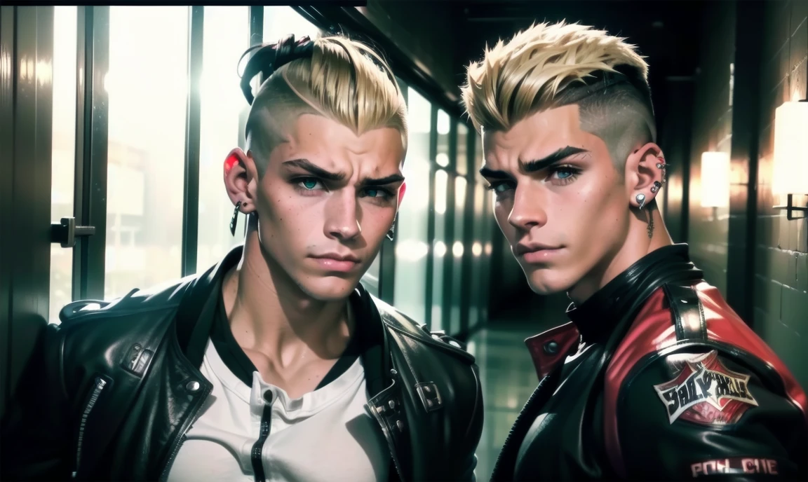 [((highly detailed, detailed eyes, detailed face, clear and realistic facial features, photorealistic, realistic light; cinematic)), (((2 very different teenage males))), ((((school hallway background)))), (((mood of conflict))), ((leaning towards each other, looking at each other)) [(((a gorgeous athletic punk tough bully male))), ((18-year-old teenage male)), ((((glaring expression)))), ((intimidating mood)), ((blue-green eyes)), ((long black hair shaved at the sides)), (((dressed in black and leather))), ((multiple metal ear piercings)), ((male black eye makeup)), ((red tint in hair))] [(((a gorgeous athletic sexy jock male))), ((18-year-old teenage male)), ((((smug expression)))), ((confident mood)), ((brown eyes)), ((blonde hair with a undercut)), (((dressed in varsity jacket))), ((smirking)), ((raised eyebrow))]]