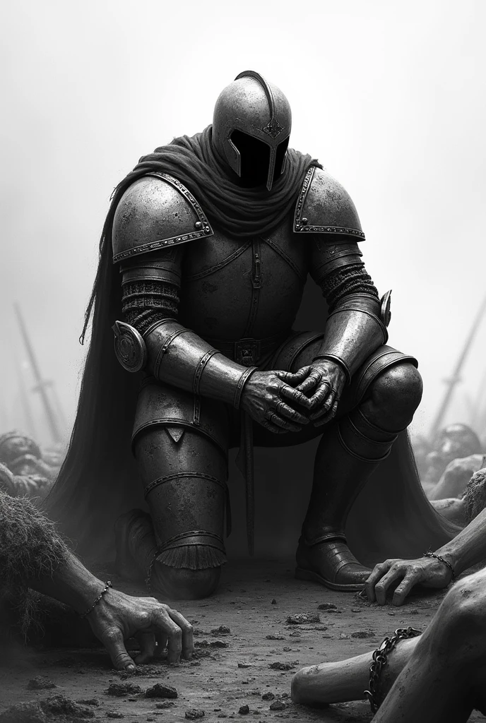 Generates a paladin in black and white colors that the paladin is in a place full of bodies and that he has shading on his face also that the paladin's armor is complete but that it is very very battered that the armor is much more battered and that the paladin is on his knees with his helmet on and that he has epic shading and also that he has this phrase next to it "he World has we need is love"