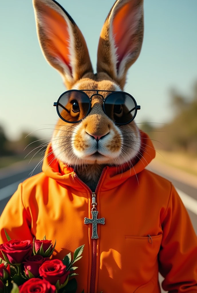 orange hare like his retro polarized motorcycle glasses with an orange spacesuit, with a theme of Santa Rosa de Lima from Peru and bouquets of red roses and a cross necklace