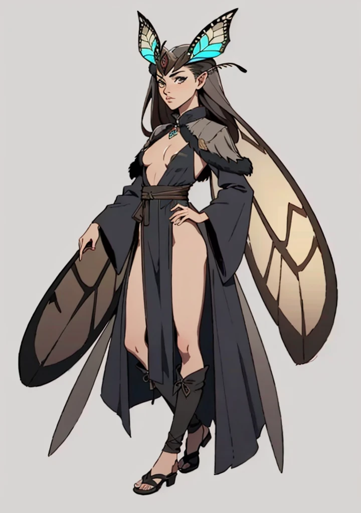 (masterpiece), (best quality),(portrait),1girl,solo,(sharp focus),(look at viewer), rosine (berserk),((moth girl)),moth,moth wings ,insect girl,long hair, flat chest, full body view,ancient long clothes,rogue outfit,old school fantasy art,((simple background)),(gray background),black ribbons