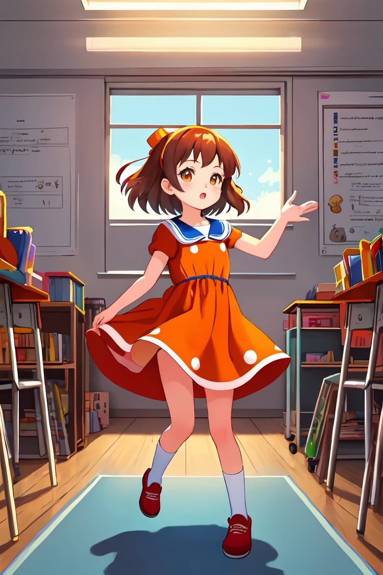 an image of a little girl, front view, full body in an orange dress with different movements, inspired by Mario Comensoli, a screenshot, behance, in school or classroom, children illustration, book illustration, childrenbook illustration, illustration for children, children's illustration, childrens book illustration, colorful kidsk illustration