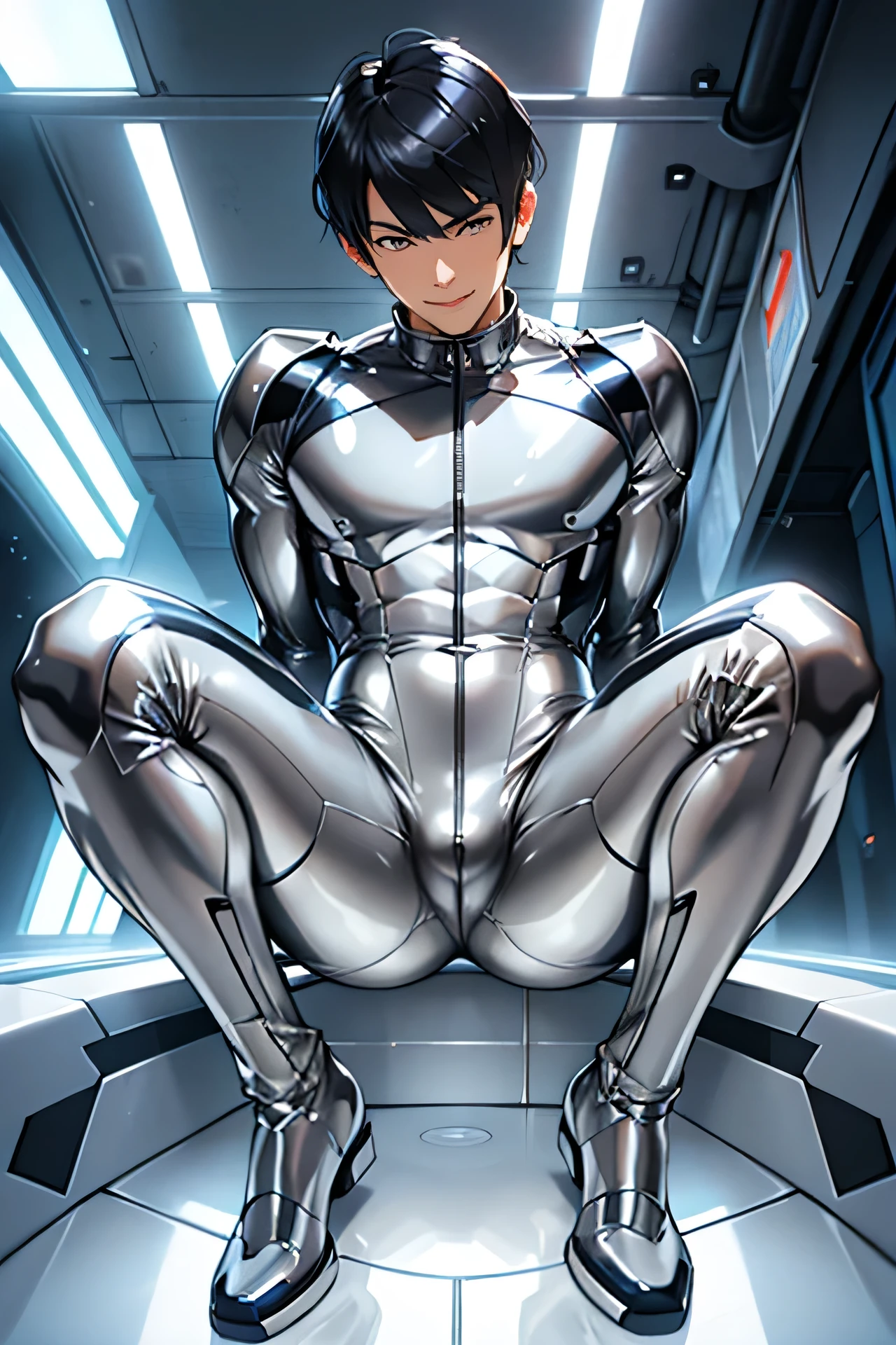 Handsome Japanese male models 22 years old smile Fierce Black Hair Short cut Short bangs looking at the camera Shiny full-body silver suit Shiny silver latex suit Mega Bulge looking at the camera future world Butt close-up Looking up from below Spread your legs Peeking out from between her legs Crotch peek