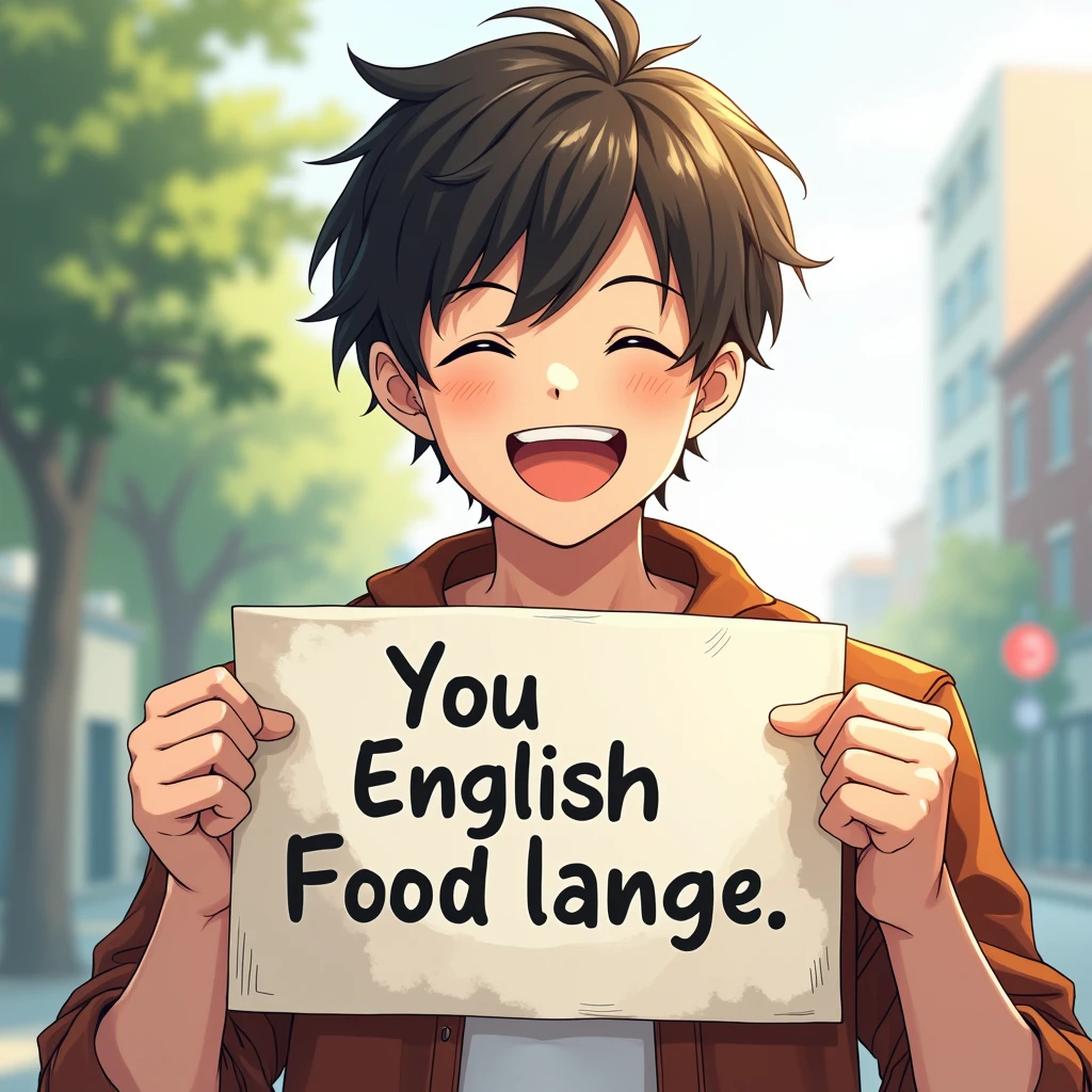 A beautiful and cute man holding up a sign "I ❤ English.", Joyful, Happy, Anime illustration, Realistic, oil
