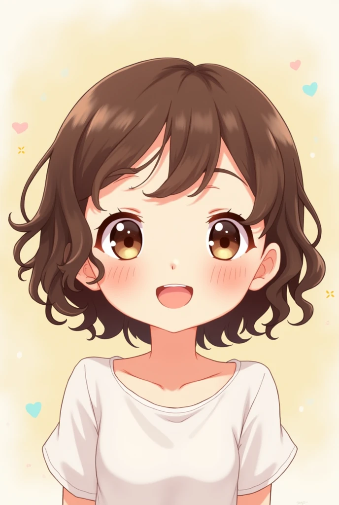 Create one with anime style, with curly brown hair and big, brown eyes and smiling in the picture