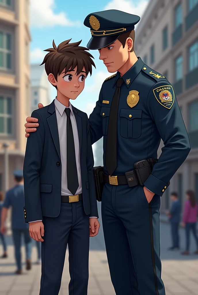 A boy in a school uniform being supported by a policeman