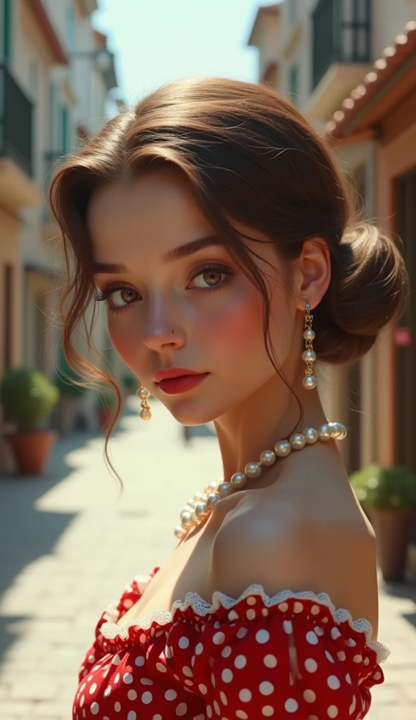 (ultra high resolution), (photorealism 16K realism), (ultra-fine digital art), ((Hyper-realistic proportional body, anatomically correct:1.2)), (super detailed beautiful face), (light pale complexion), BREAK, ((small round head and face:1.25)), (ultra detailed beautiful slim and sharp-face), (best highest detailed realistic brown_eyes:1.2), ((Insanely realistic sharp-eyes)), (droopy eyes:1.3), Thin eyebrows, Carefully draw eyelashes, Eyelash extensions, (tired and sleepy and satisfied:0.0), perfect round eyes, finely detailed pupils,BREAK, detailed lips:1.3, pink_makeup:1.14, glossy red_lipstick:1.2 ,perfect light_eyeshadows:1.25, (Detailed nose:1.2), ((Clad in a retro polka-dot dress with a cinched waist and pearl accessories, complemented by a classic updo:1.22)), (Amidst a quaint town square, with cobblestone streets lined with charming boutiques and antique shops, where time seems to stand still:1.2), (seductive:1.22),