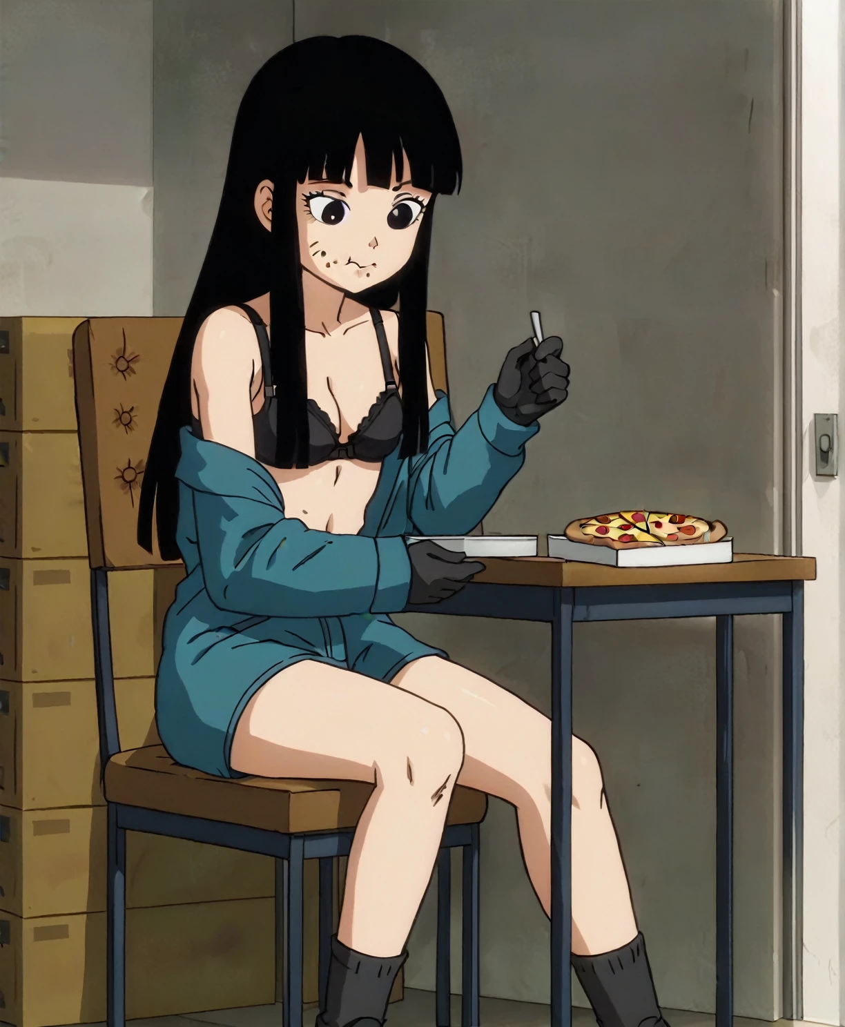 source_anime, score_9,score_8_up, score_7_up,  anime screencap, indoors, warehouse,
 mai, long hair, black hair, black eyes
1girl, solo, long hair, black hair, gloves, food, underwear, younger underwear, black bra, black panty, eating, pizza,
Sitting on chair,