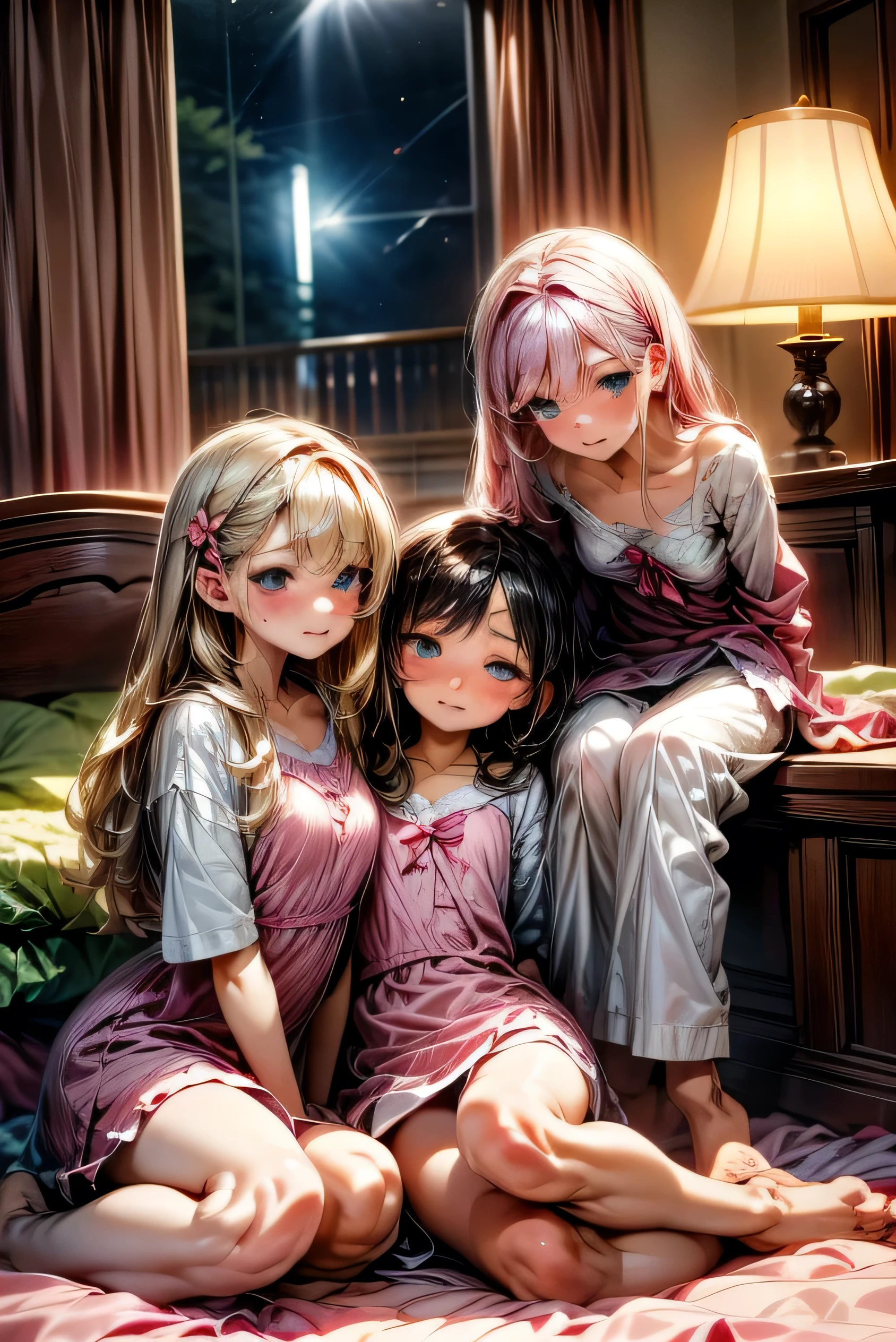 This image, titled "Three Blossoms of Youth: The Camellia Suite," captures the irresistible allure of three adolescent girls in their seductive negligees, each nightgown adorned with delicate floral patterns, reminiscent of delicate camellia blossoms. The room is illuminated by a soft, dim light, casting a harmonious pink hue that envelops the girls and their lavish bed, decorated with pastel-colored floral throw pillows. The girls' youthful innocence is accentuated by the delicate and adorable colors of their nightwear, creating an inviting and comforting atmosphere.
The girls' faces are beautifully detailed