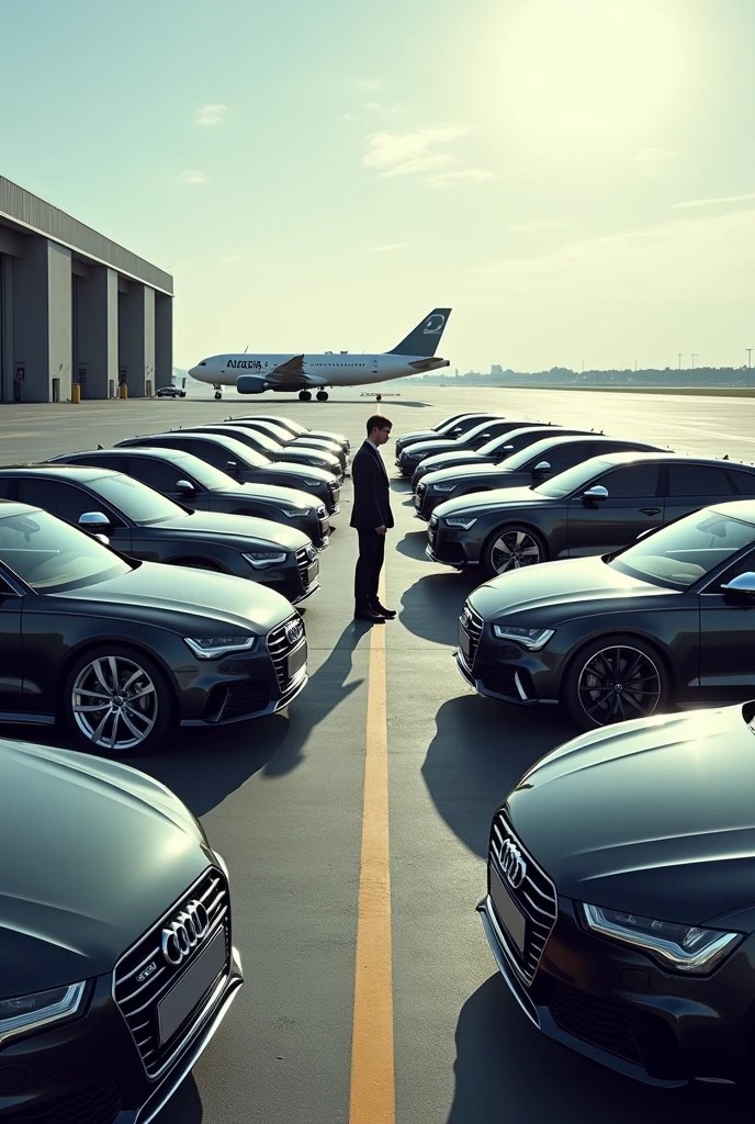 100audicars,one man standing 
, on airport, detailed background,