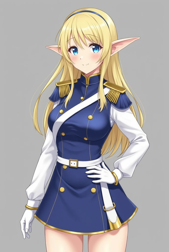 One girl　Elf　Large Breasts　Clothes that show off your chest　Blue and white soldier uniform　Blonde　Blue Eyes　Clothes that show off your legs　Beautiful feet