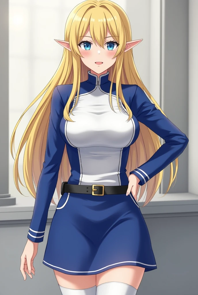 One girl Elf Large Breasts Clothes that show off your chest Blue and white soldier uniform Blonde Blue Eyes Clothes that show off your legs Beautiful feet