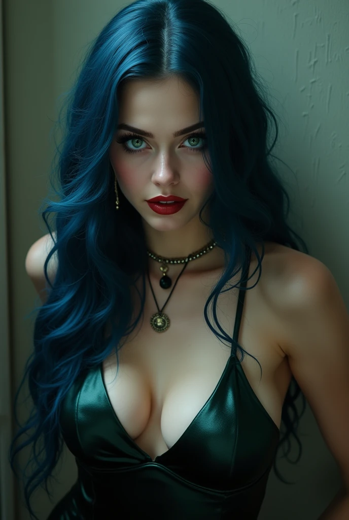 foreground, Dark blue hair girl, short, Dark green eyes and evil smile, big breast and dress 