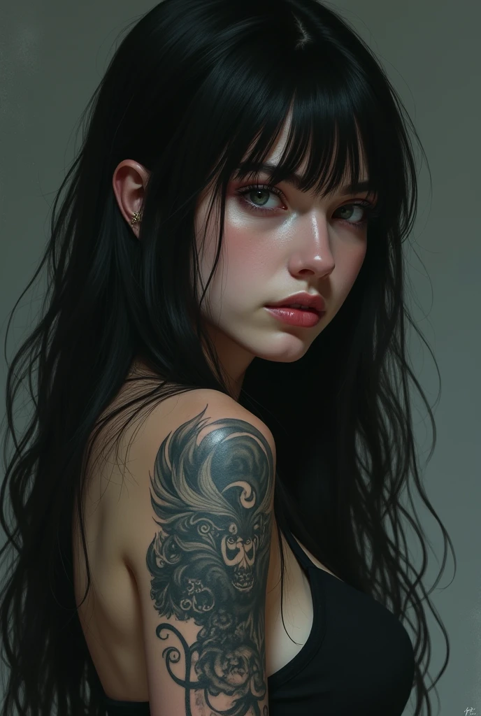 sick woman, black hair with fringe, with tattoo on left arm