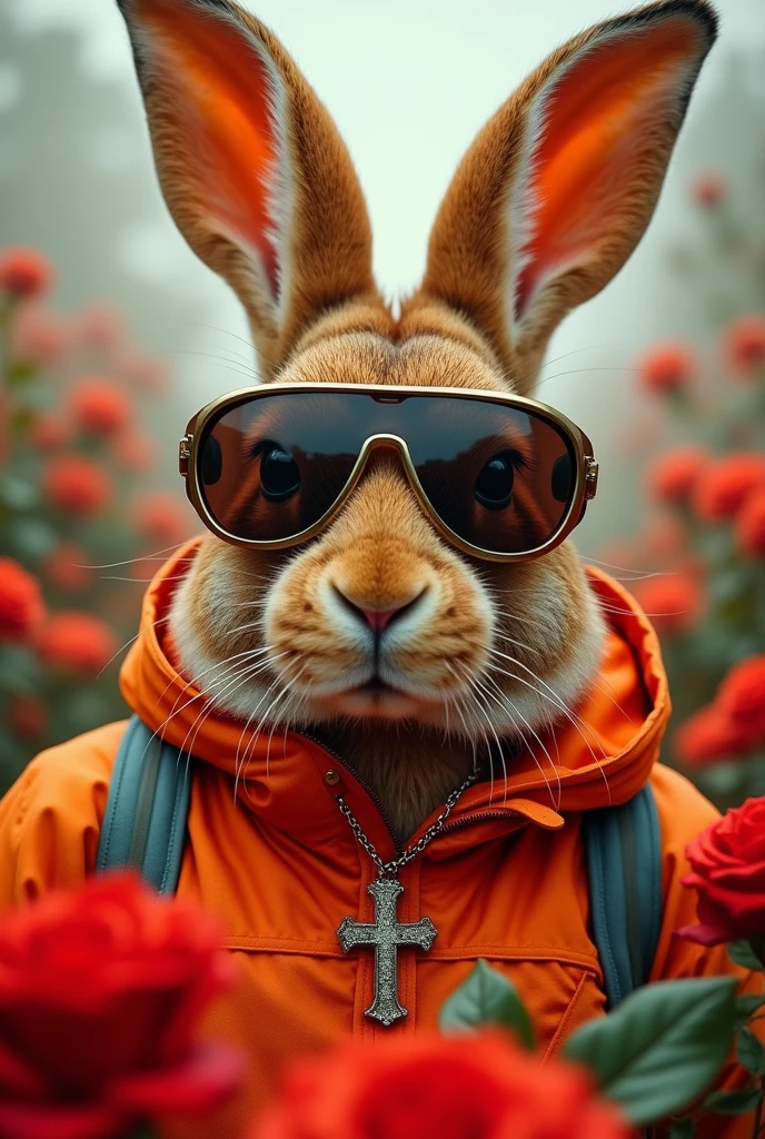 orange hare like his retro polarized motorcycle glasses with an orange spacesuit, with a theme of Santa Rosa de Lima from Peru and bouquets of red roses and a cross necklace