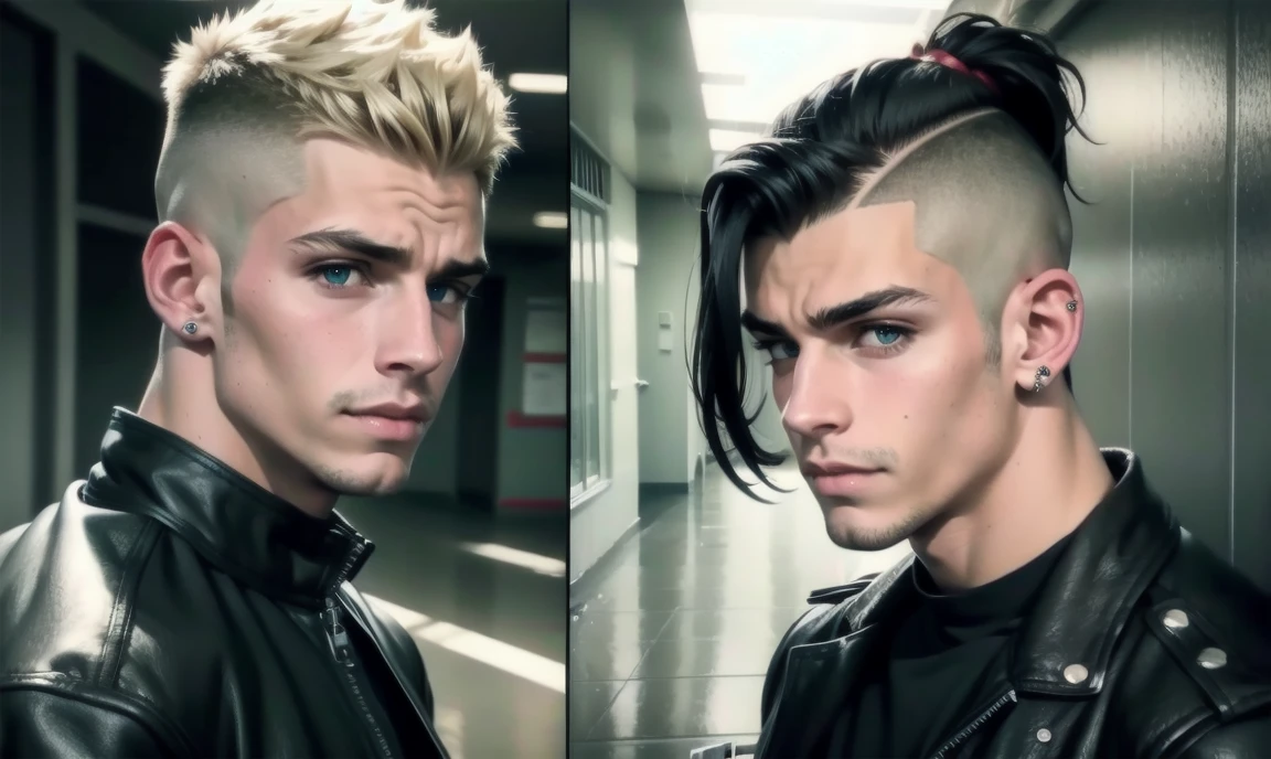 [((highly detailed, detailed eyes, detailed face, clear and realistic facial features, photorealistic, realistic light; cinematic)), (((2 very different teenage males))), ((((school hallway background)))), (((mood of conflict))), ((leaning towards each other, looking at each other)) [(((a gorgeous athletic punk tough bully male))), ((18-year-old teenage male)), ((((glaring expression)))), ((intimidating mood)), ((blue-green eyes)), ((long black hair shaved at the sides)), (((dressed in black and leather))), ((multiple metal ear piercings)), ((male black eye makeup)), ((red tint in hair))] [(((a gorgeous athletic sexy jock male))), ((18-year-old teenage male)), ((((smug expression)))), ((confident mood)), ((brown eyes)), ((blonde hair with a undercut)), (((dressed in varsity jacket))), ((smirking)), ((raised eyebrow))]]