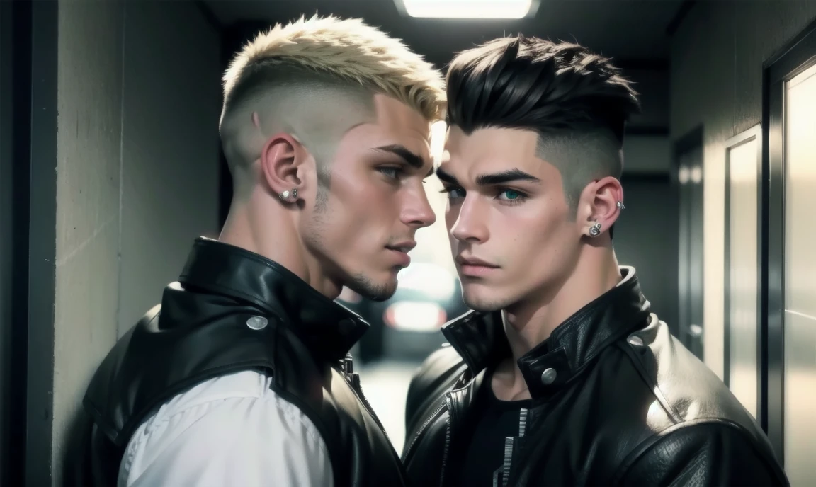 [((highly detailed, detailed eyes, detailed face, clear and realistic facial features, photorealistic, realistic light; cinematic)), (((2 very different teenage males))), ((((school hallway background)))), (((mood of conflict))), ((leaning towards each other, looking at each other)) [(((a gorgeous athletic punk tough bully male))), ((18-year-old teenage male)), ((((glaring expression)))), ((intimidating mood)), ((blue-green eyes)), ((long black hair shaved at the sides)), (((dressed in black and leather))), ((multiple metal ear piercings)), ((male black eye makeup)), ((red tint in hair))] [(((a gorgeous athletic sexy jock male))), ((18-year-old teenage male)), ((((smug expression)))), ((confident mood)), ((brown eyes)), ((blonde hair with a undercut)), (((dressed in varsity jacket))), ((smirking)), ((raised eyebrow))]]