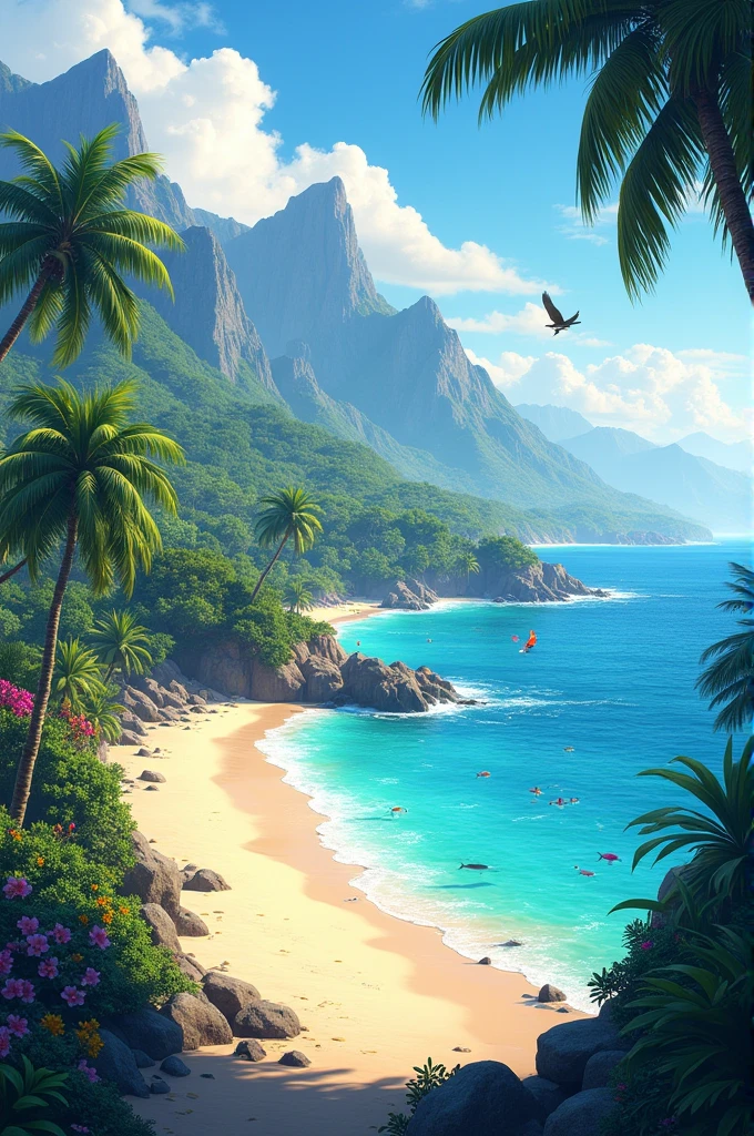 Create a beach along with the shores of mountain, coconut trees and other plants and as well the fish that swim beneath the ocean and the birds that fly