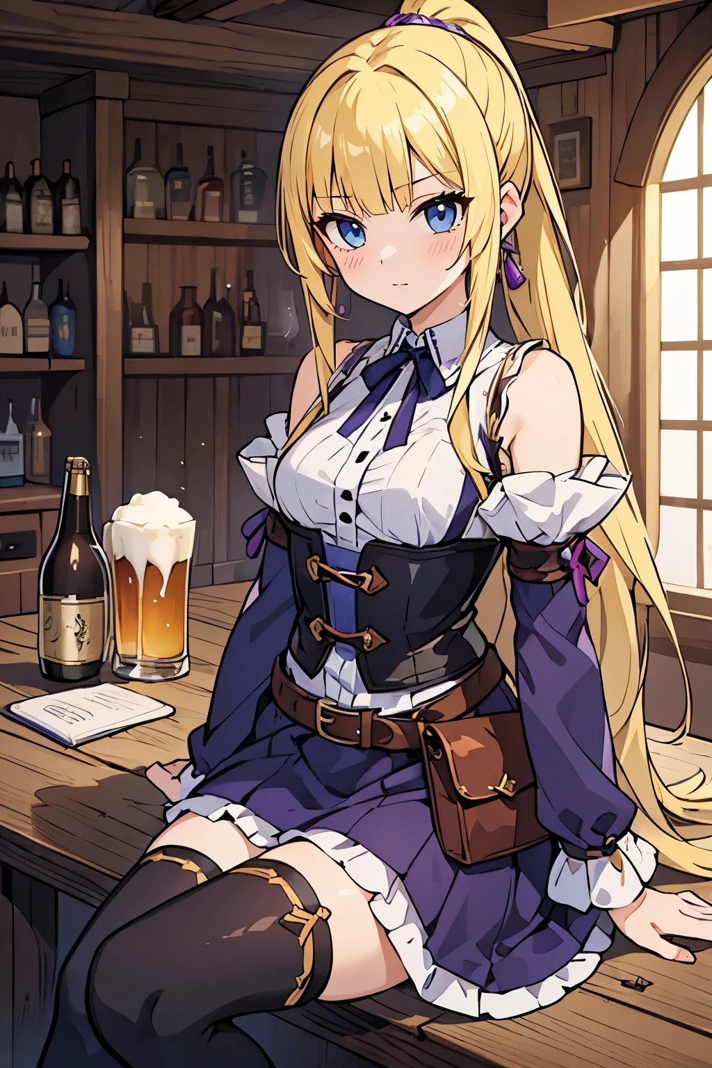 fairy_tail_style, solo, 1 girl, (young female body:1.4), (medium small breasts), golden yellow hair, extra long hair, blunt bangs, crystal blue eyes, very detailed eyes, cowboy shot, detailed eyes, tavern, bar, sitting, purple lilac dress, long sleeves, lilac corset, tigh high socks, medieval tavern, beer mug, black and purple dress, detached purple sleeves, belt, belt pouch, belt chains, adventurer, black blouse, garter, black knee high boots, knees up, sitting squat, ponytail, leaning arm on table
