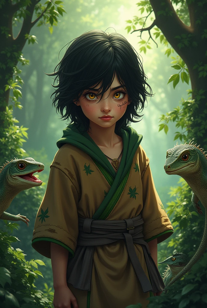 A boy with long black hair, yellow eyes, cut scars on his mouth, a brown tunic with green details, in a forest full of lizards. muscular man