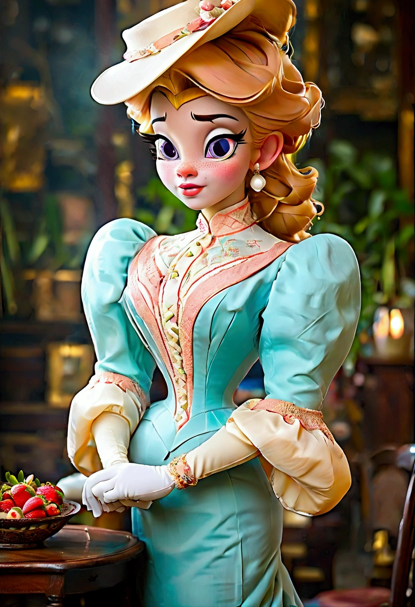 1girl. Humanized Daisy Duck as a hot **** Gibson Girl, seducing a horny 69yo gentleman. 1890s fashion. Victorian high-collar turquoise dress with long sleeves cuffed into wrist-high white silk gloves. Sheer peek-a-boo top. 1900_dr3ss, picture hat. (((Strawberry blonde hair))). Large bosom, 9-inch wasp waist, big booty. Thicc thot. Slutty demeanor. Sexy pose. Porcelain skin. Full body