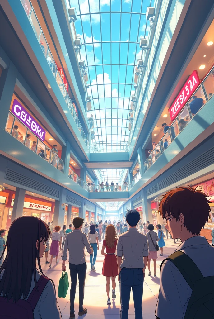 People at the mall having fun anime 