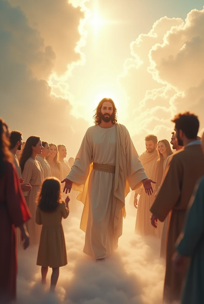 Jesus happily receiving a line of people who have just arrived in heaven via plane. Behind the crowd there is a child., grown-up, gentlemen