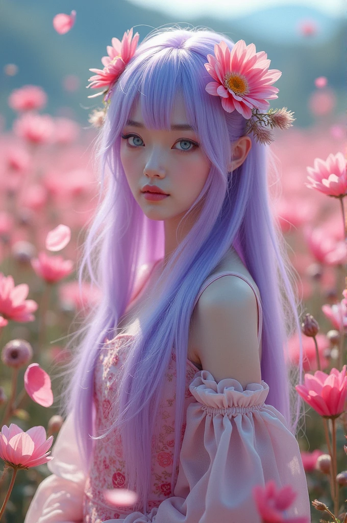 Light purple hair blue eyes White beauty Long Hair China dress Flowers on head Flower Field