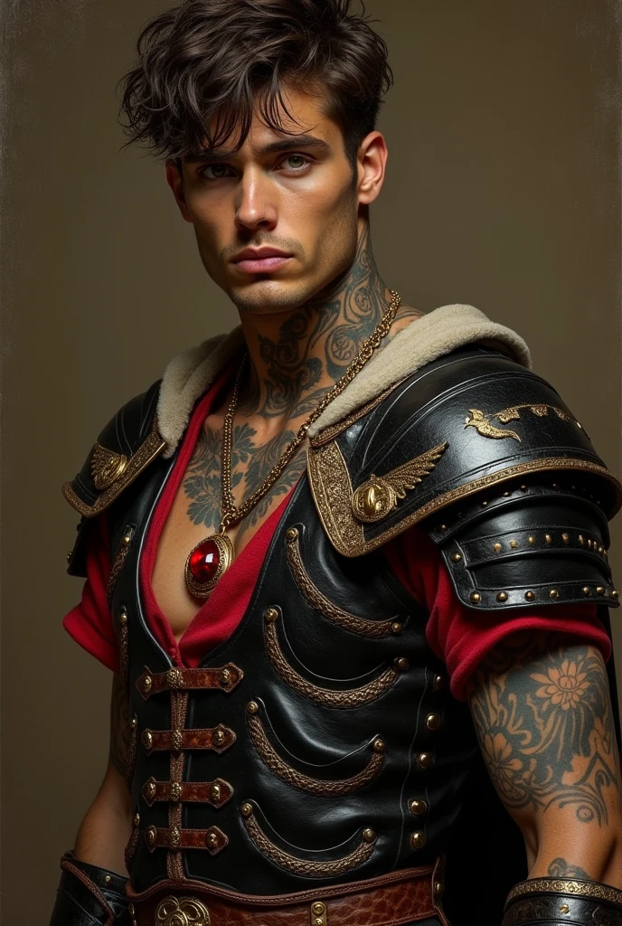 {{Masterpiece, best quality, oil painting, by Franz von Stuck, by James Tissot, male focus, muted colors}}, the composition is: (((((very dramatic half body portrait of a handsome 30 year old battlemage, sexy, brown skin, tan, confident, magnificent, tattooed, disheveled brown hair. Tattoos, His face is tattooed))))). ((((He is wearing a silken, black and red ancient Roman guard armor with ronin inspired elements, made of alligator leather and tortoise shell, he is wearing a red diamond shape pendant, and a golden moth badge)))).