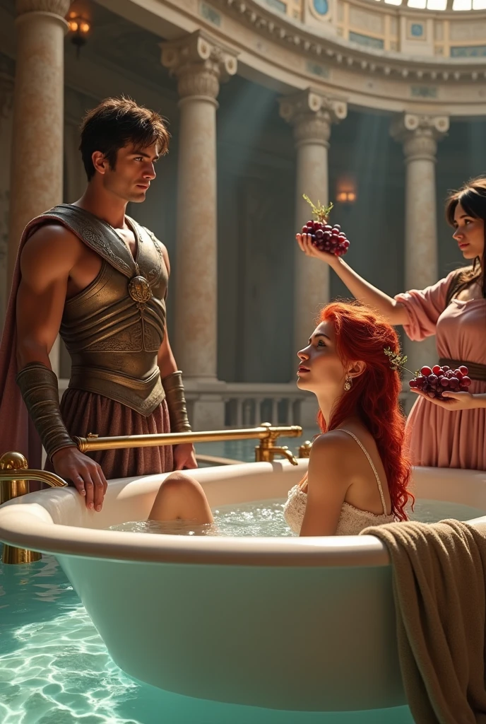 (photorealism:1.2), A beautiful red-haired woman bathing in a huge bathtub with maids offering her grapes and fanning her. It's a Roman bath and a muscular man with blue eyes and black hair is watching her., He wears gladiator armor
