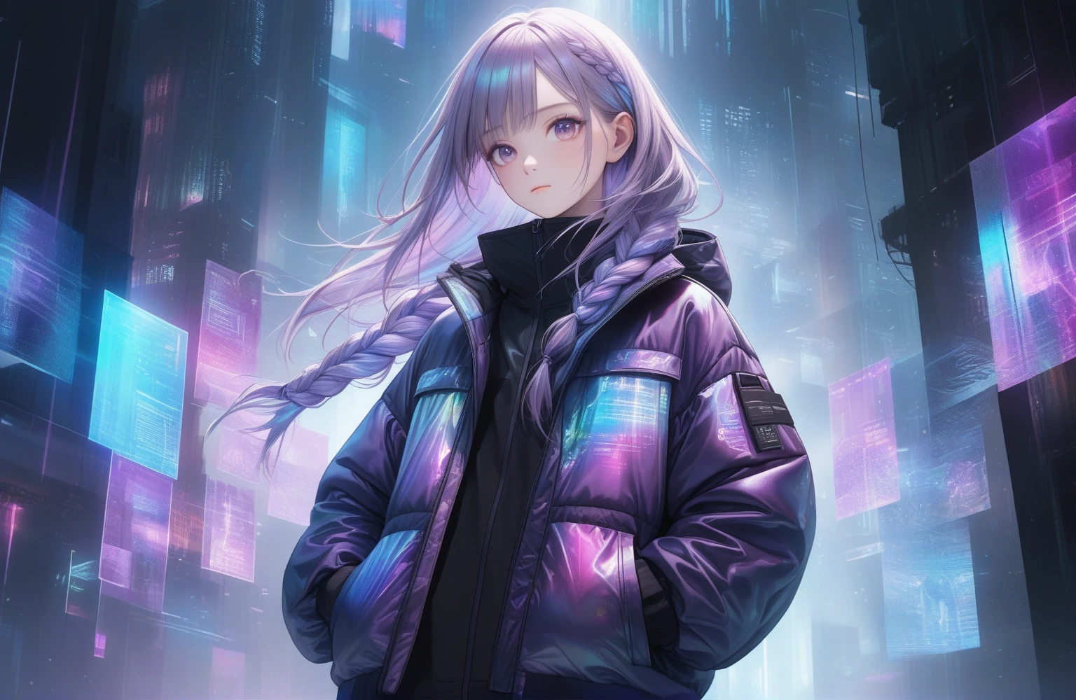 Full color, (transparency:2.0), BREAK Ultra-realism, Detailed and realistic skin texture, Detailed and intricate texture, Detailed and intricate brushwork, Detailed and clear depiction, Transparent depiction, aesthetic, cyber punk, White and purple gradient braided long hair, Neon holographic, BREAK Neon Art Background, Cinematic lighting effects, Transparent light, Mysterious Light, Fantastic Fog, Cryptical, BREAK ((Phantasmal iridescent, holographic)), Cinematic skyscrapers, 1girl, solo, closed mouth, padded windbreaker jacket, a girl standing against the backdrop of skyscrapers, hands in pockets, front, front view