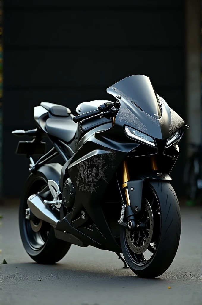 Modern black motorcycle scratched with the name Lee in cursive(the name was written with a stone and the bike is not being driven )