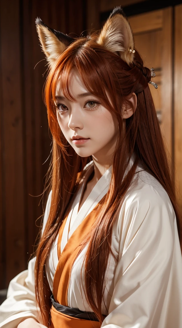 Women,tsurime,Orange eyes,Fox_ear,Foxのしっぽ,red_hair,Low-tied long hair,Hanfu,One boy