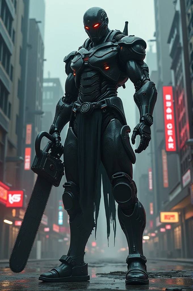 Dark_fantasy,cyberpunk,(chain saw,chain saw man,Red:1.1),1man,Mechanical marvel,Robotic presence,Cybernetic guardian,